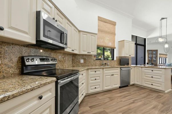 Interior, Kitchen, Pendant Lights, Stainless Steel Appliances, Wood Texture Flooring