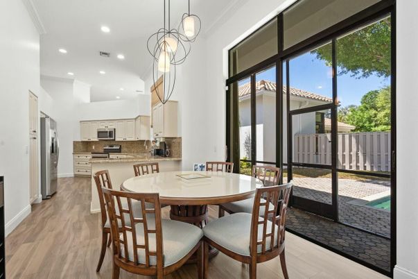 Dining room, Interior, Kitchen, Pendant Lights, Recessed Lighting, Stainless Steel Appliances, Wood Texture Flooring