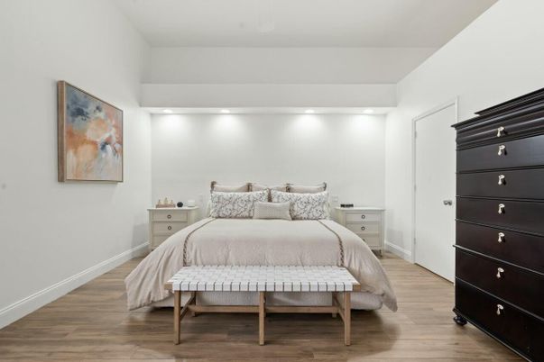 Bedroom, Interior, Recessed Lighting, Wood Texture Flooring