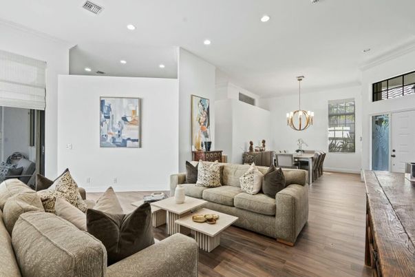 Dining room, Interior, Living room, Pendant Lights, Recessed Lighting, Wood Texture Flooring
