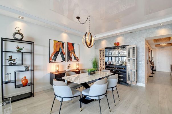 Dining room, Interior, Pendant Lights, Recessed Lighting, Wood Texture Flooring