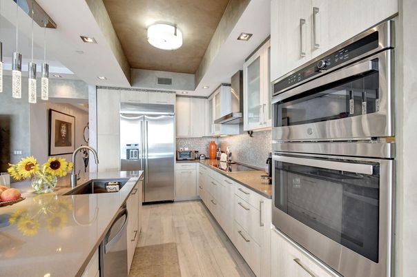Interior, Kitchen, Pendant Lights, Recessed Lighting, Stainless Steel Appliances, Wood Texture Flooring