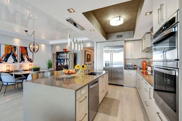 Dining room, Interior, Kitchen, Pendant Lights, Recessed Lighting, Stainless Steel Appliances, Wood Texture Flooring