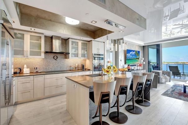 Interior, Kitchen, Pendant Lights, Recessed Lighting, Stainless Steel Appliances, Water, Wood Texture Flooring
