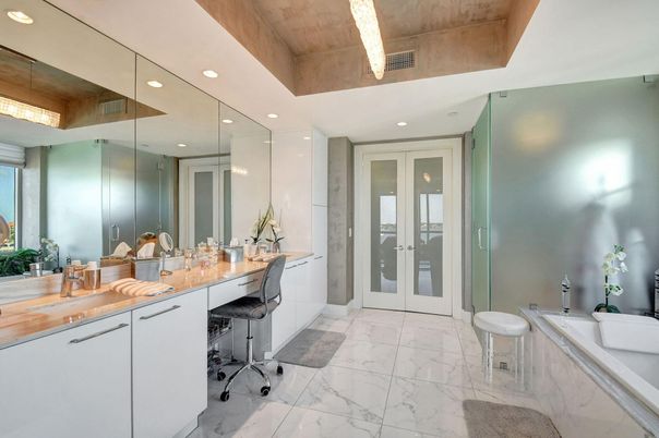 Bathroom, Interior, Marble, Recessed Lighting, Wooden Ceilings