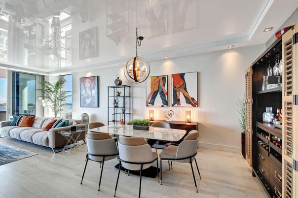 Dining room, Interior, Living room, Pendant Lights, Recessed Lighting, Wood Texture Flooring