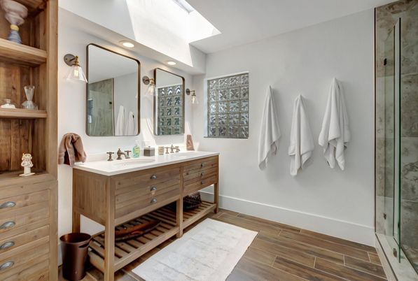 Bathroom, Dual Sink Vanities, Glass Shower, Interior, Recessed Lighting, Wood Texture Flooring