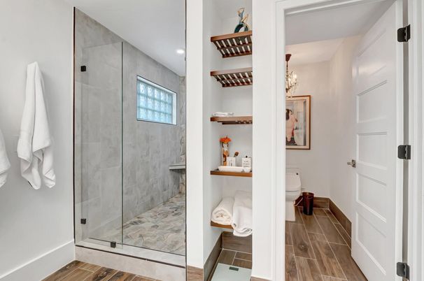 Bathroom, Glass Shower, Interior, Recessed Lighting, Wood Texture Flooring