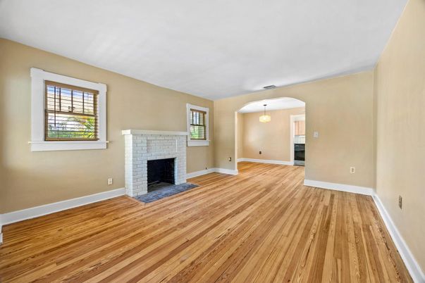Empty room, Fireplace, Interior, Pendant Lights, Wood Texture Flooring