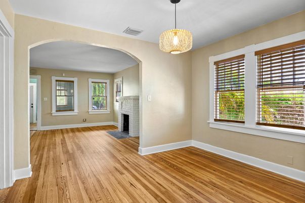 Empty room, Fireplace, Interior, Pendant Lights, Wood Texture Flooring