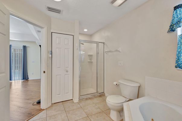 Bathroom, Glass Shower, Interior, Recessed Lighting, Wood Texture Flooring