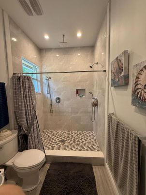 Bathroom, Glass Shower, Interior, Recessed Lighting, Wood Texture Flooring