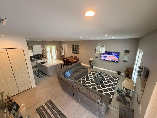 Dining room, Interior, Living room, Pendant Lights, Recessed Lighting, Wood Texture Flooring