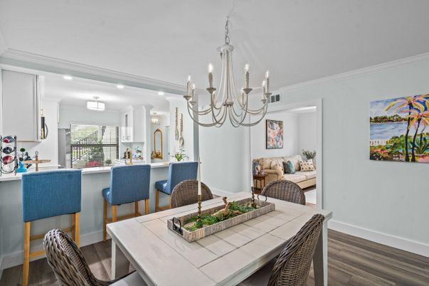 Chandelier, Interior, Kitchen, Recessed Lighting, Tile Countertops, Wood Texture Flooring