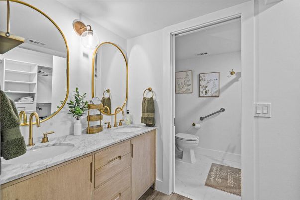 Bathroom, Dual Sink Vanities, Interior, Wood Texture Flooring