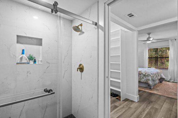 Bathroom, Bedroom, Glass Shower, Interior, Marble Walls, Wood Texture Flooring