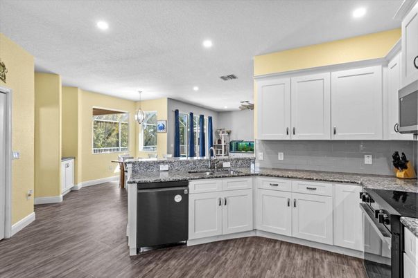 Interior, Kitchen, Pendant Lights, Recessed Lighting, Wood Texture Flooring