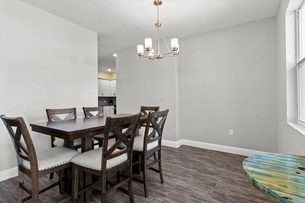 Chandelier, Dining room, Interior, Pendant Lights, Recessed Lighting, Wood Texture Flooring
