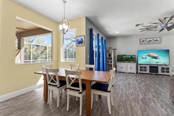 Dining room, Interior, Pendant Lights, Recessed Lighting, Wood Texture Flooring