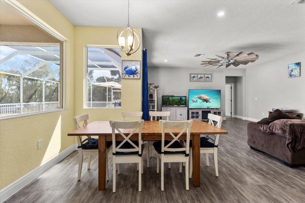 Dining room, Interior, Pendant Lights, Recessed Lighting, Wood Texture Flooring