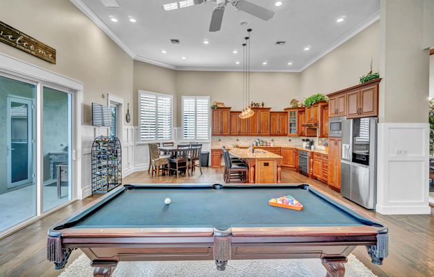Billiard Table, Dining room, Game Room, Interior, Kitchen, Pendant Lights, Recessed Lighting, Wood Texture Flooring