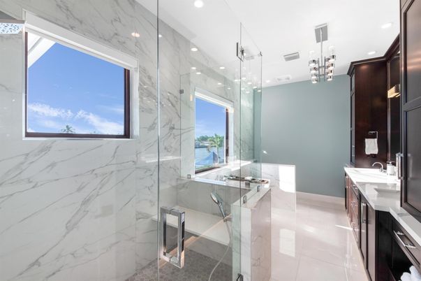 Bathroom, Glass Shower, Interior, Marble Walls, Pendant Lights, Recessed Lighting