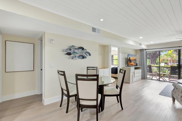 Dining room, Interior, Recessed Lighting, Wood Texture Flooring