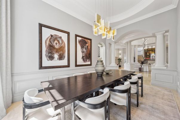 Dining room, Interior, Pendant Lights, Wood Texture Flooring