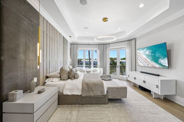 Bedroom, Interior, Pendant Lights, Recessed Lighting, Wood Texture Flooring