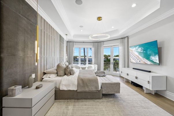 Bedroom, Interior, Pendant Lights, Recessed Lighting, Wood Texture Flooring