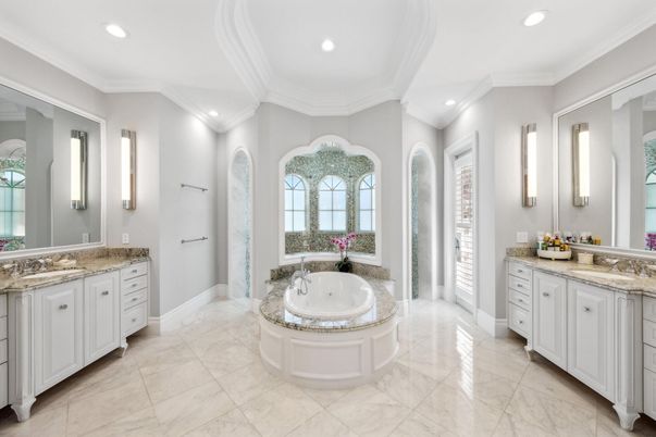 Bathroom, Dual Sink Vanities, Interior, Marble, Recessed Lighting
