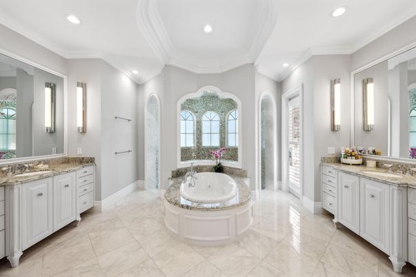 Bathroom, Dual Sink Vanities, Interior, Marble, Recessed Lighting