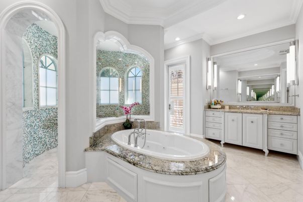 Bathroom, Dual Sink Vanities, Interior, Marble, Recessed Lighting