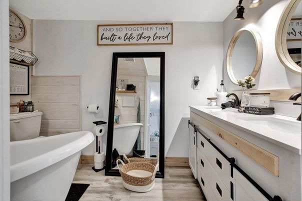 Bathroom, Dual Sink Vanities, Interior, Wood Texture Flooring