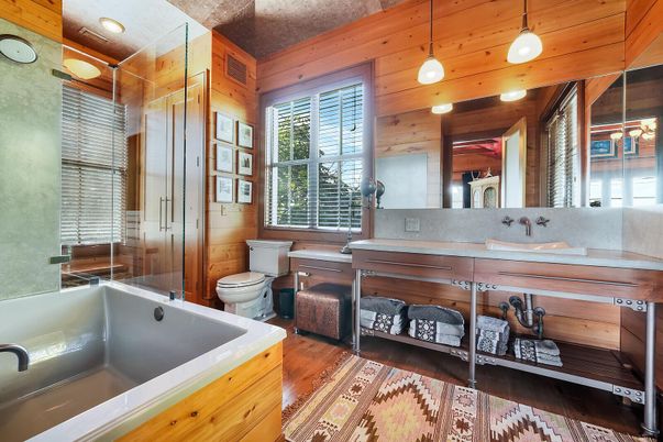 Bathroom, Interior, Pendant Lights, Wooden Ceilings, Wood Texture Flooring, Wooden Walls