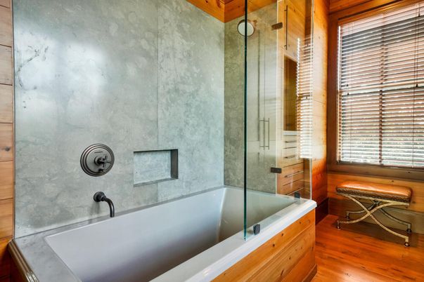 Bathroom, Glass Shower, Interior, Wood Texture Flooring