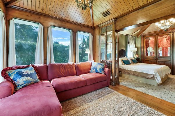 Bedroom, Chandelier, Interior, Wooden Beams, Wooden Ceilings, Wood Texture Flooring, Wooden Walls