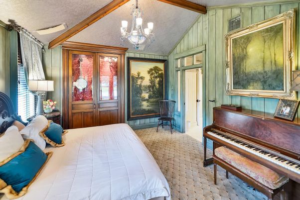 Bedroom, Chandelier, Interior, Piano, Wooden Beams