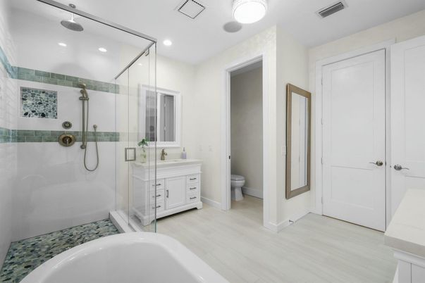 Bathroom, Glass Shower, Interior, Recessed Lighting, Wood Texture Flooring