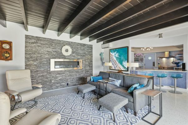 Fireplace, Interior, Kitchen, Living room, Stone Walls, Wooden Ceilings
