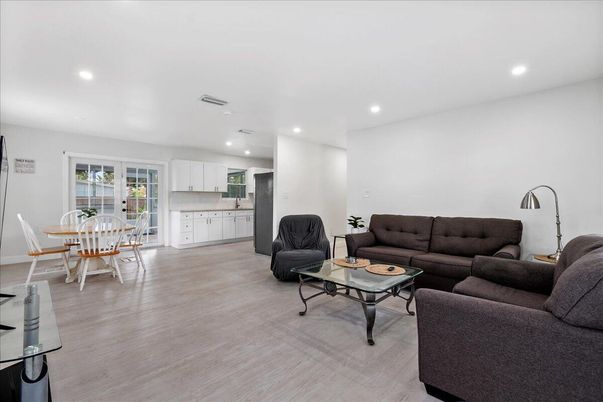 Dining room, Interior, Kitchen, Living room, Recessed Lighting, Wood Texture Flooring