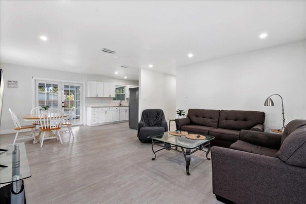 Dining room, Interior, Kitchen, Living room, Recessed Lighting, Wood Texture Flooring