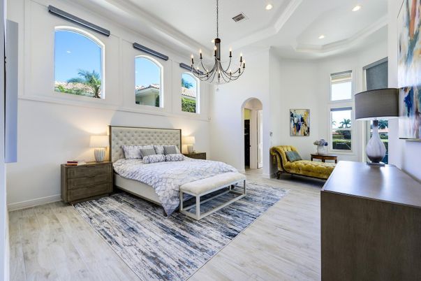 Bedroom, Chandelier, Interior, Recessed Lighting, Wood Texture Flooring