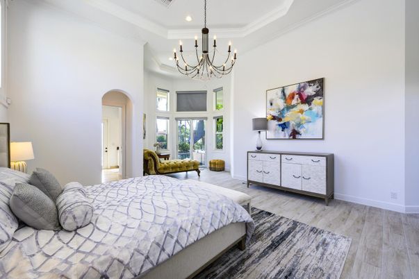Bedroom, Chandelier, Interior, Recessed Lighting, Wood Texture Flooring
