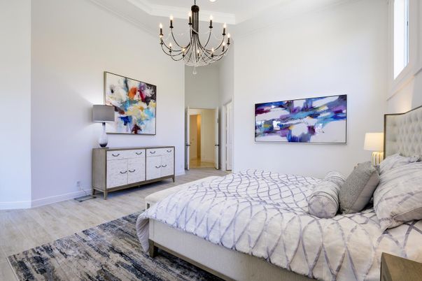 Bedroom, Chandelier, Interior, Recessed Lighting, Wood Texture Flooring