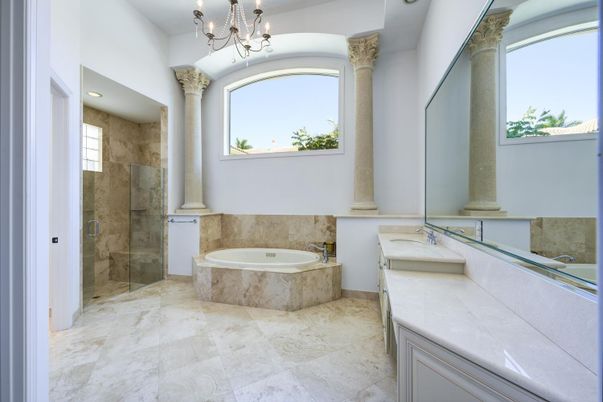 Bathroom, Chandelier, Glass Shower, Interior, Recessed Lighting