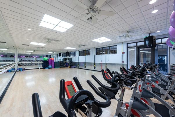 Fitness Equipment, Gym, Interior, Recessed Lighting, Wood Texture Flooring