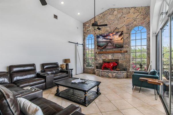 Fireplace, Interior, Living room, Recessed Lighting, Stone Walls