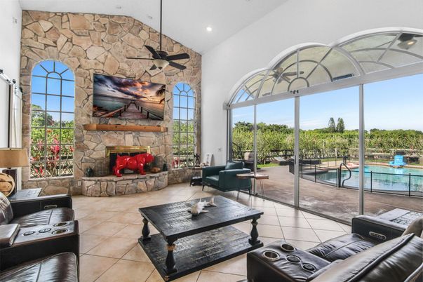 Fireplace, Interior, Living room, Recessed Lighting, Stone Walls