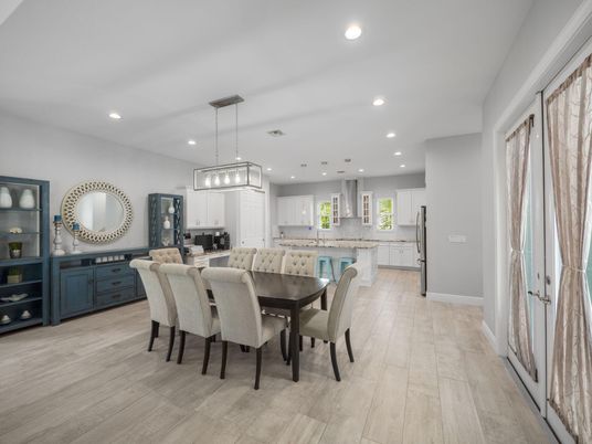 Dining room, Interior, Kitchen, Pendant Lights, Recessed Lighting, Wood Texture Flooring